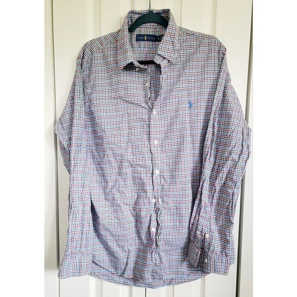 Ralph Lauren Men's XL Shirt Red Multi Color Plaid Stretch Cotton Snall Squares - Picture 1 of 7